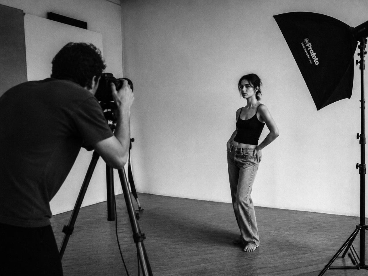 Photographe en studio dirigeant un modèle photo pendant un shooting, photographie noir et blanc